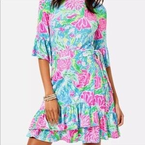 Lilly Pulitzer Dress Kassi Zanibar Blue Bunny Ruffled Faux-Wrap Dress Size S